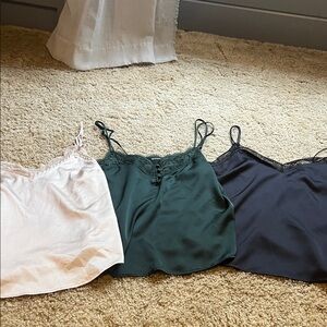 Abercrombie Bundle!! Lace Trim Satin Cami Tank Tops. Black, green, and cream